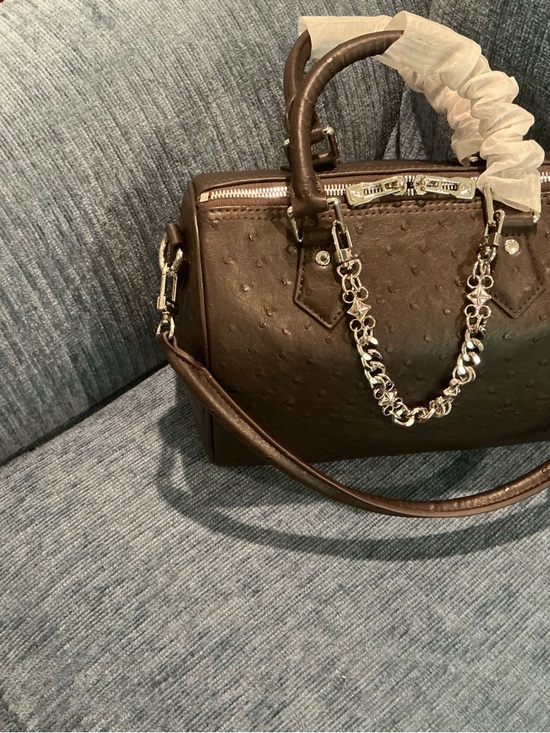 Handbags - Brown Faux-Ostrich Satchel Handbag with Chain Accent